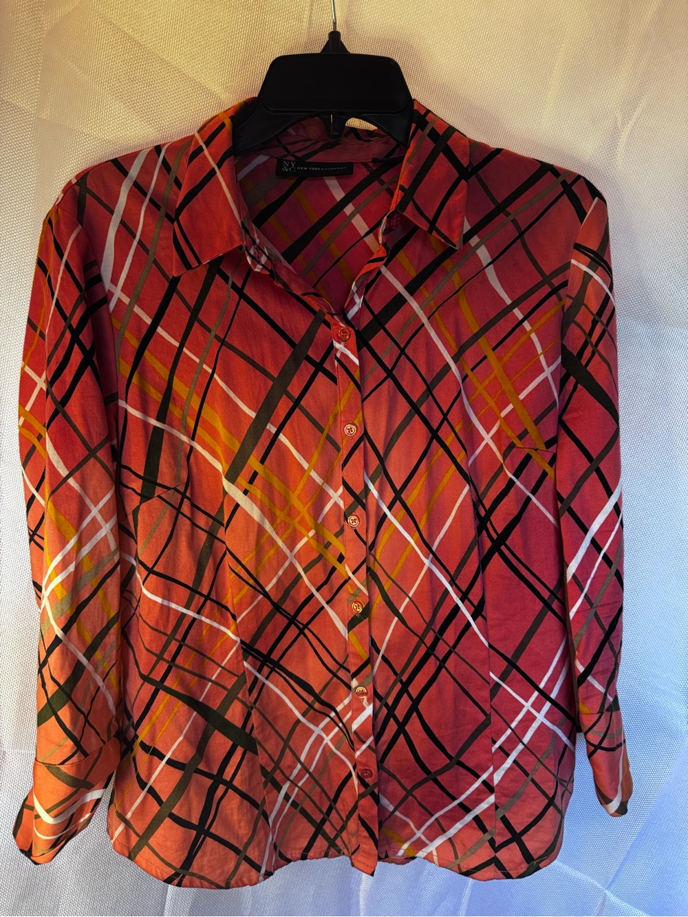 New York & Company Coral and Black Plaid Button-Down Shirt